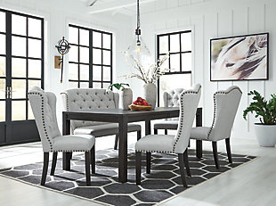 With its fashion-forward take on farmhouse styling, the Jeanette dining room table is a feast for the senses. A dry vintage black finish infuses the table with wonderfully weathered charm. The table’s clean-lined Parsons styling is a timeless classic choice that works so well with different chair styles, should you decide to mix it up.Made of wood, veneers and engineered wood | Dry vintage black finish | Distressed aesthetic | Table seats up to 6 | Dining chairs sold separately | Assembly required | Estimated Assembly Time: 30 Minutes