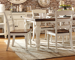 Country cottage chic is served fresh with the Marsilona dining room side chair, brimming with twice the charm thanks to a rich two-tone finish. Vintage-inspired design and distressed accents offer a timeworn and well-loved appearance. Ample seat ensures a comfortable dining experience.Wood frame | Distressed two-tone finish | Replicated plank seat | Ladderback design | Turned front legs | Assembly required | Excluded from promotional discounts and coupons | Estimated Assembly Time: 15 Minutes