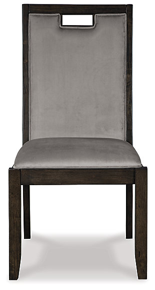 The Hyndell dining chair serves up clean-lined contemporary style with a sleek, linear profile and rich espresso finish. Fresh elements including a peekaboo handle and sumptuous gray faux velvet upholstery keep this chair relevant and on trend. Rest easy, this decadent comfort comes at such an affordable price.Made of wood | Cushioned back and seat with faux velvet polyester upholstery | Assembly required | Estimated Assembly Time: 45 Minutes