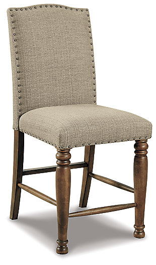 The Lettner upholstered dining room bar stool brings a tempting mix of comfort and flair to the table. This easy-elegant bar stool with subtle camelback design is covered in an oatmeal-colored fabric that complements anything and everything. Nailhead trim is so on trend.Made of wood | Oatmeal-color polyester fabric over foam cushioned seat | Nailhead trim | Assembly required | Estimated Assembly Time: 30 Minutes