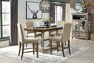 Break from tradition with a fresh approach: the Lettner counter height dining room extension table. Two-tone aesthetic is deliciously different. Crafted with acacia veneers for wonderful color variation, the light brown wood tone top is paired with a brilliantly turned base in a contrasting burnished light gray that’s right on trend. Two drop-in extension leaves and open shelving make this easy-elegant dining table all the more inviting.Made of veneers, wood and engineered wood | Two-tone finish: light brown top; burnished light gray base | 2 extension leaves | Table extends by pulling both ends and dropping in leaves | Open display shelf | Seats 6-8 | Assembly required | Estimated Assembly Time: 30 Minutes