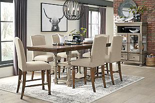 Break from tradition with a fresh approach: the Lettner counter height dining room extension table. Two-tone aesthetic is deliciously different. Crafted with acacia veneers for wonderful color variation, the light brown wood tone top is paired with a brilliantly turned base in a contrasting burnished light gray that’s right on trend. Two drop-in extension leaves and open shelving make this easy-elegant dining table all the more inviting.Made of veneers, wood and engineered wood | Two-tone finish: light brown top; burnished light gray base | 2 extension leaves | Table extends by pulling both ends and dropping in leaves | Open display shelf | Seats 6-8 | Assembly required | Estimated Assembly Time: 30 Minutes