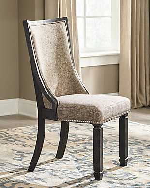 Invite your family into the heart of your home with the Tyler Creek upholstered dining room chair. Framed back and tapered legs are a sturdy foundation. Black finish is beautifully textured. Heavily woven fabric has a quality feel-good touch. Silvertone nailhead trim is decorative without all the fuss. This is trend-right urban farmhouse style.Made of solid wood | Textured black finish | Polyester upholstery | Assembly required | Estimated Assembly Time: 30 Minutes
