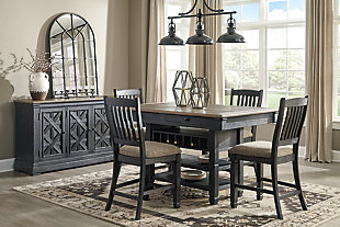 Invite your family into the heart of your home with the Tyler Creek dining room server. Black finish is beautifully textured. Timeworn planked oak top creates a unique two-tone contrast. Charming lattice design graces the front of the doors. Store away essentials on the cabinet shelving. Thick pilasters add to the sturdiness of the foundation. This is trend-right urban farmhouse style.Made of wood, engineered wood and veneers | Two-tone finish | 3 doors with antiqued bronze-tone knobs | Double door cabinet and single door cabinet each with 2 adjustable shelves | Door with lattice design | Assembly required | Estimated Assembly Time: 30 Minutes