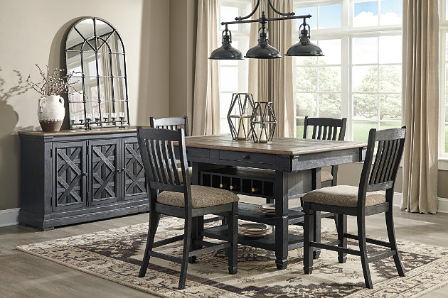 Invite your family into the heart of your home with the Tyler Creek dining room server. Black finish is beautifully textured. Timeworn planked oak top creates a unique two-tone contrast. Charming lattice design graces the front of the doors. Store away essentials on the cabinet shelving. Thick pilasters add to the sturdiness of the foundation. This is trend-right urban farmhouse style.Made of wood, engineered wood and veneers | Two-tone finish | 3 doors with antiqued bronze-tone knobs | Double door cabinet and single door cabinet each with 2 adjustable shelves | Door with lattice design | Assembly required | Estimated Assembly Time: 30 Minutes
