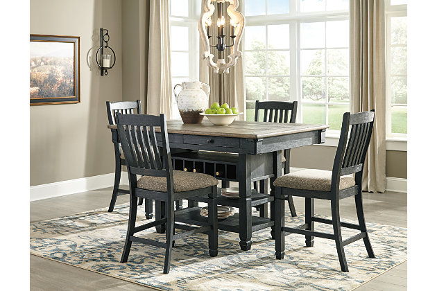Invite your family into the heart of your home with the Tyler Creek upholstered bar stool. Framed back and tapered legs are a sturdy foundation. Black finish is beautifully textured. Heavily woven fabric has a quality feel-good touch. Silvertone nailhead trim is decorative without all the fuss. This is trend-right urban farmhouse style.Made of wood, engineered wood and veneers | Textured black finish | Polyester upholstery | Counter height design | Estimated Assembly Time: 30 Minutes