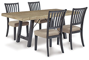 Yearning for a fresh helping of casual farmhouse design? Have your fill with the exquisitely crafted Baylow 5-piece dining set. Truly a labor of love, the intricate double extension leaf top table with thick planked look wows with its reclaimed lumber aesthetic. Sturdy and structural, the table’s trestle base with distressed black vintage washed finish and metal support brackets provides such a cool contrast. Four dining chairs, with their stylized rake-back design, take an elegant twist on a classic. The chair’s wood frame is beautified with a distressed black vintage washed finish and the comfortably cushioned seat is covered in plush beige fabric for neutral sophistication.Includes table and 4 chairs | Made of wood, acacia veneer, engineered wood, metal and polyester | Table base with metal support brackets | Table with contrasting light top resembling the look and feel of reclaimed lumber | Table with double extension leaf top with thick planked look | Table extends by pulling both ends and dropping in leaves | Table seats up to 8 | Table and chair with distressed black vintage washed finish | Table and chair with distressed black vintage washed finish | Chair with rake-back design | Assembly required | Estimated Assembly Time: 150 Minutes