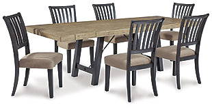 Yearning for a fresh helping of casual farmhouse design? Have your fill with the exquisitely crafted Baylow 7-piece dining set. Truly a labor of love, the intricate double extension leaf top table with thick planked look wows with its reclaimed lumber aesthetic. Sturdy and structural, the table’s trestle base with distressed black vintage washed finish and metal support brackets provides such a cool contrast. Four dining chairs, with their stylized rake-back design, take an elegant twist on a classic. The chair’s wood frame is beautified with a distressed black vintage washed finish and the comfortably cushioned seat is covered in plush beige fabric for neutral sophistication.Includes table and 6 chairs | Made of wood, acacia veneer, engineered wood, metal and polyester | Table base with metal support brackets | Table with contrasting light top resembling the look and feel of reclaimed lumber | Table with double extension leaf top with thick planked look | Table extends by pulling both ends and dropping in leaves | Table seats up to 8 | Table and chair with distressed black vintage washed finish | Chair with beige polyester upholstery over foam cushion | Chair with rake-back design | Assembly required | Estimated Assembly Time: 210 Minutes