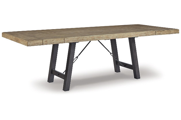 Yearning for a fresh helping of casual farmhouse design? Have your fill with the exquisitely crafted Baylow 5-piece dining set. Truly a labor of love, the intricate double extension leaf top table with thick planked look wows with its reclaimed lumber aesthetic. Sturdy and structural, the table’s trestle base with distressed black vintage washed finish and metal support brackets provides such a cool contrast. Four dining chairs, with their stylized rake-back design, take an elegant twist on a classic. The chair’s wood frame is beautified with a distressed black vintage washed finish and the comfortably cushioned seat is covered in plush beige fabric for neutral sophistication.Includes table and 4 chairs | Made of wood, acacia veneer, engineered wood, metal and polyester | Table base with metal support brackets | Table with contrasting light top resembling the look and feel of reclaimed lumber | Table with double extension leaf top with thick planked look | Table extends by pulling both ends and dropping in leaves | Table seats up to 8 | Table and chair with distressed black vintage washed finish | Table and chair with distressed black vintage washed finish | Chair with rake-back design | Assembly required | Estimated Assembly Time: 150 Minutes