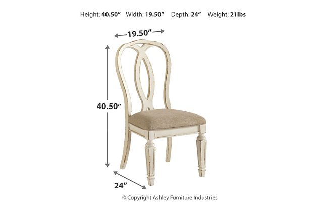 French twist. With its stylized ribbon back, chipped white finish and plushly cushioned seat, the Realyn dining room chair has all the right ingredients for a French country-inspired feast for the eyes.Made with wood and engineered wood | Distressed, chipped white finish | Stylized ribbon back design | Polyester upholstery over foam cushioned seat | Assembly required | Estimated Assembly Time: 30 Minutes