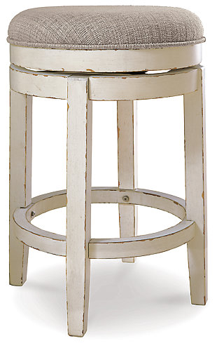 Give traditional cottage design a spin with the Realyn upholstered swivel stool. Sturdy wood frame is enriched with a chipped white finish and topped with a comfortably cushioned seat covered in textured oatmeal-tone fabric.Made of wood | Chipped white finish | Foam cushioned seat with textured polyester oatmeal-color fabric | 360-degree swivel | Assembly required | Estimated Assembly Time: 15 Minutes