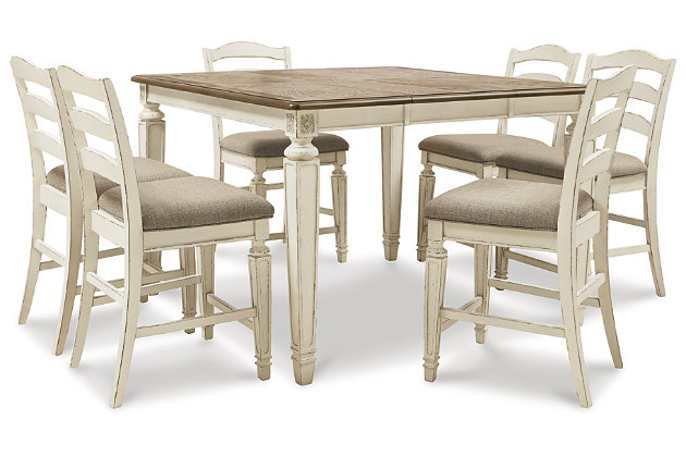 Bon appétit. The Realyn 7-piece counter height dining set has all the right ingredients for a French country-inspired feast for the senses. The extension table's antiqued two-tone aesthetic of chipped white with a distressed wood finish offers up a double serving of charm. With their rounded ladderback styling and plush cushioned seats, the counter-height bar stools provide a comfortable dining experience.Includes counter height extension table with leaf and 6 counter height bar stools  | Table made of wood, veneer and engineered wood and cast resin components | Chipped white with distressed wood finish | Table with separate extension leaf | Bar stools made of wood and engineered wood with polyester upholstery | Seats up to 6 fully extended | Assembly required | Estimated Assembly Time: 195 Minutes
