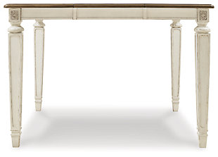 Bon appétit. The Realyn counter-height extension table has all the right ingredients for a French country-inspired feast for the eyes. Antiqued two-tone aesthetic pairs a chipped white with a distressed wood finished top for a double serving of charm. Drop-in leaf extends table to a square allowing you to comfortably seat six.Made of veneers, wood and engineered wood with some cast resin components | Antiqued two-tone finish | Separate extension leaf | Table extends by pulling both ends and dropping in leaf | Seats up to 6 | Dining chairs sold separately | Assembly required | Estimated Assembly Time: 15 Minutes