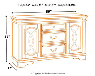 Serve up a French country-inspired feast for the eyes with the Realyn dining room server. Unique elements include cabinet storage beautified with decorative fretwork over mirrored glass and a doubly charming two-tone aesthetic pairing a chipped white with a distressed wood finished top.Made of veneers, wood and engineered wood | Antiqued two-tone finish | 3 smooth-gliding drawers with dovetail construction and felt bottoms | Bail pulls and knobs in dark bronze tone finish | Pair of cabinet doors with inset mirrored glass and decorative fretwork | 2 adjustable shelves | Assembly required | Estimated Assembly Time: 15 Minutes