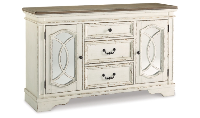 Realyn Dining Server with Inset Mirrored Glass and Fretwork