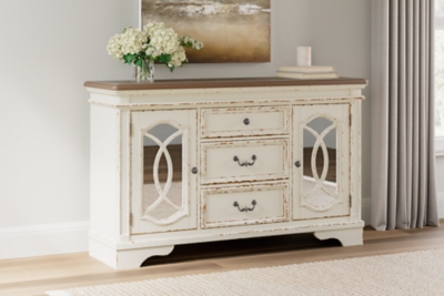 Realyn Dining Server with Inset Mirrored Glass and Fretwork, Chipped White