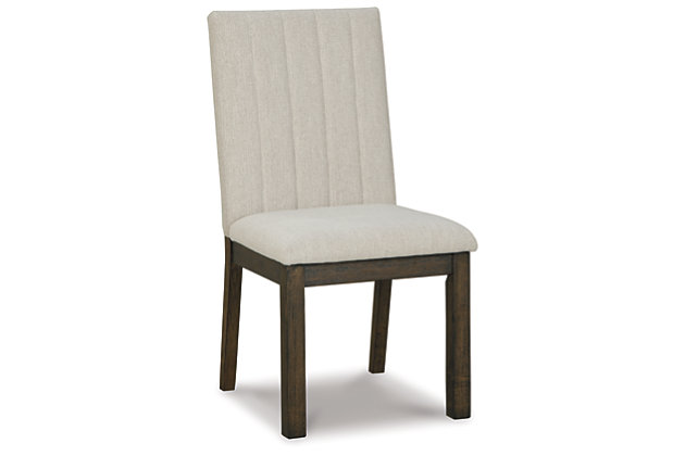 Feast your eyes on the Dellbeck dining chair. Its crisp, clean-lined profile is softened with front-to-back upholstery that’s plush to the touch and easy on the eyes. Channel stitched detailing adds to the sense of luxury.Made of wood | Dark brown finish | Seat and back covered in polyester upholstery | Assembly required | Estimated Assembly Time: 30 Minutes
