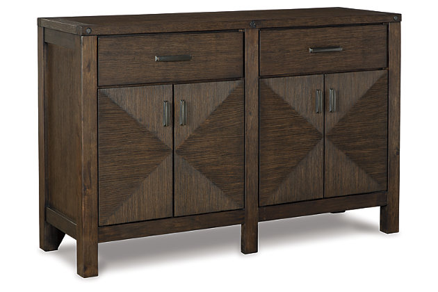 Feast your eyes on the Dellbeck server. Craftsman details include mortise and tenon styling and an exquisite diamond-pattern veneer inlay. If storage is an issue, two roomy cabinets and two smooth gliding drawers make entertaining a breeze.Made of wood, veneers and engineered wood | Dark brown finish | 2 smooth-gliding drawers | 2 double door cabinets with soft-close door hinges; each with an adjustable shelf | Metal bar pulls with back plate in a forged steel color finish | Assembly required | Estimated Assembly Time: 15 Minutes