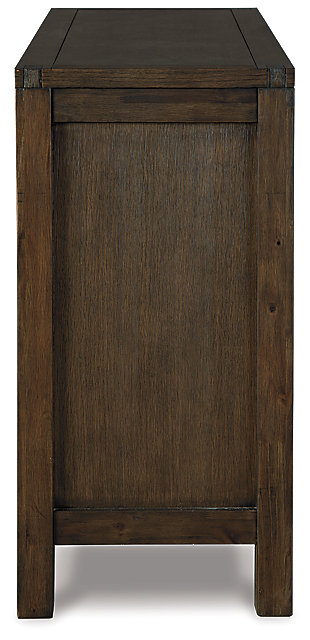 Feast your eyes on the Dellbeck server. Craftsman details include mortise and tenon styling and an exquisite diamond-pattern veneer inlay. If storage is an issue, two roomy cabinets and two smooth gliding drawers make entertaining a breeze.Made of wood, veneers and engineered wood | Dark brown finish | 2 smooth-gliding drawers | 2 double door cabinets with soft-close door hinges; each with an adjustable shelf | Metal bar pulls with back plate in a forged steel color finish | Assembly required | Estimated Assembly Time: 15 Minutes