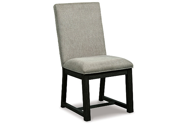 There’s contemporary style you love looking at and contemporary style you can comfortably live with. Have your fill of both with the Bellvern dining chair. Strikingly simple but wonderfully detailed, this upholstered dining chair is wrapped front and back with a feel-good pumice gray fabric for a sense of earthy elegance. Posh pleats make the aesthetic complete.Made of wood | Blackened finish with gray undertones and wire-brushed texture | Polyester upholstery in pumice gray over foam cushion | Pleated fabric details | Assembly required | Estimated Assembly Time: 30 Minutes
