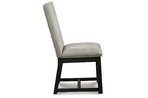 There’s contemporary style you love looking at and contemporary style you can comfortably live with. Have your fill of both with the Bellvern dining chair. Strikingly simple but wonderfully detailed, this upholstered dining chair is wrapped front and back with a feel-good pumice gray fabric for a sense of earthy elegance. Posh pleats make the aesthetic complete.Made of wood | Blackened finish with gray undertones and wire-brushed texture | Polyester upholstery in pumice gray over foam cushion | Pleated fabric details | Assembly required | Estimated Assembly Time: 30 Minutes
