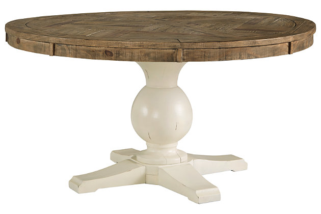 Satisfy your appreciation for modern farmhouse or country cottage living with the Grindleburg round dining table. Designed with reclaimed pine wood, it pays homage to natural materials in a brilliant way. The dining table’s textured white pedestal base feels rich and substantial, while the inlay tabletop with plank effect is beautified with a light grayish brown finish for a relaxed sensibility.Made of reclaimed pine wood, solid pine wood and engineered wood | Two-tone finish | Comfortably seats 5 | Assembly required | Estimated Assembly Time: 35 Minutes