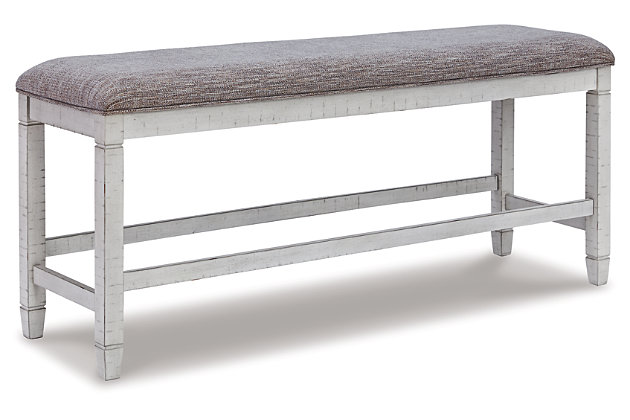A well-edited merger of coastal cottage and modern farmhouse, the Teganville dining room bench serves up a sensibility that’s right on trend. Sturdy and striking, this comfortably cushioned dining bench with feel-good blended gray textural fabric is finished in antique white for timeless charm.Made of wood | Antique white finish | Blended gray textural polyester upholstery over foam cushion | Assembly required | Estimated Assembly Time: 30 Minutes