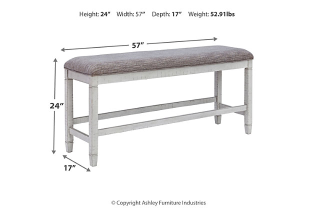 A well-edited merger of coastal cottage and modern farmhouse, the Teganville dining room bench serves up a sensibility that’s right on trend. Sturdy and striking, this comfortably cushioned dining bench with feel-good blended gray textural fabric is finished in antique white for timeless charm.Made of wood | Antique white finish | Blended gray textural polyester upholstery over foam cushion | Assembly required | Estimated Assembly Time: 30 Minutes