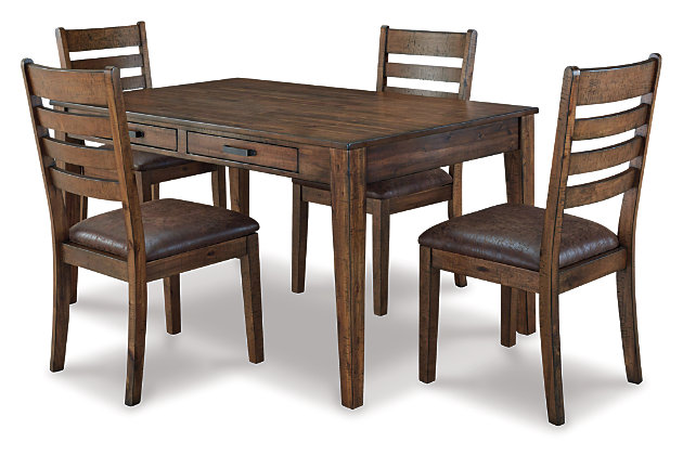 Inspired by traditional lodge style furnishings, the Royard 5-piece dining room set is a masterpiece in rustic refinement. Sporting a dramatic contrast of light and dark tones, this set is crafted with acacia wood and veneers beautified with a complex, glazed finish. Crafted for form and function, four handy drawers integrated within the dining table apron are perfect for napkins and utensils, while the handle-back dining chairs with soft faux leather upholstery add that much more cool character.Includes dining table and 4 chairs | Made of acacia veneer, wood, engineered wood and faux leather | Table with 4 felt-lined drawers | Drawers with dark oil-rubbed bronze-tone hardware | Table seats 6 | 4 dining chairs with foam cushioned seats and faux leather upholstery with nailhead trim | Chairs made of wood | Assembly required | Estimated Assembly Time: 135 Minutes