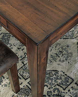 Inspired by traditional lodge style furnishings, the Royard 5-piece dining room set is a masterpiece in rustic refinement. Sporting a dramatic contrast of light and dark tones, this set is crafted with acacia wood and veneers beautified with a complex, glazed finish. Crafted for form and function, four handy drawers integrated within the dining table apron are perfect for napkins and utensils, while the handle-back dining chairs with soft faux leather upholstery add that much more cool character.Includes dining table and 4 chairs | Made of acacia veneer, wood, engineered wood and faux leather | Table with 4 felt-lined drawers | Drawers with dark oil-rubbed bronze-tone hardware | Table seats 6 | 4 dining chairs with foam cushioned seats and faux leather upholstery with nailhead trim | Chairs made of wood | Assembly required | Estimated Assembly Time: 135 Minutes