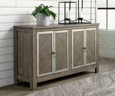 Krystanza Dining Server with Metal Framed Doors, Weathered Gray