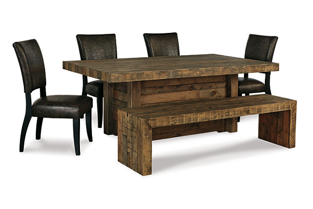 Dine in style while scaling back on the fuss. As the Sommerford dining table proves to perfection—less is more. Crafted of reclaimed pine, its ultra clean-lined, chunky profile showcases long butcher-block planking rich with tonal variation, nicks, notches, nail holes and a whole lot of raw beauty. Table base has horizontal planking flanked with corner moulding that supports the wide tabletop. Seats eight comfortably with ample leg room.Made with reclaimed pine wood | Butcher block styling | Naturally distressed finish | Seats up to 6 | Assembly required | Estimated Assembly Time: 30 Minutes