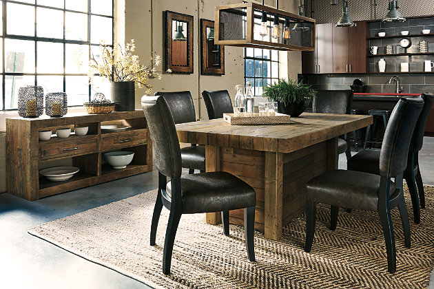 Dine in style while scaling back on the fuss. As the Sommerford dining table proves to perfection—less is more. Crafted of reclaimed pine, its ultra clean-lined, chunky profile showcases long butcher-block planking rich with tonal variation, nicks, notches, nail holes and a whole lot of raw beauty. Table base has horizontal planking flanked with corner moulding that supports the wide tabletop. Seats eight comfortably with ample leg room.Made with reclaimed pine wood | Butcher block styling | Naturally distressed finish | Seats up to 6 | Assembly required | Estimated Assembly Time: 30 Minutes