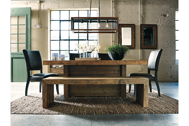 Saddle up on character and scale back on fuss. As the Sommerford bench proves to perfection—less is more. Crafted of reclaimed pine, its ultra clean-lined, chunky profile showcases long butcher-block planking rich with tonal variation, nicks, notches, nail holes and a whole lot of raw beauty. Use for more seating in the dining room, entryway or anywhere.Made with reclaimed pine wood | Butcher block styling | Naturally distressed finish | Seats up to 3 | Assembly required | Estimated Assembly Time: 15 Minutes