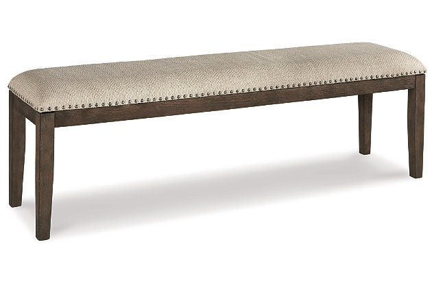 Homey. Hearty. Heavenly hued. Luring with a distressed weathered gray finish, the Johnelle dining room upholstered bench is sure to make your homestead feel that much more like home. Fresh and neutral linen-weave upholstery is punctuated with contrasting nailhead trim for added character.Made of solid wood | Distressed weathered gray finish | Polyester upholstery over foam cushioned seat | Contrasting nailhead trim | Assembly required | Estimated Assembly Time: 15 Minutes