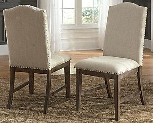 Homey. Hearty. Heavenly hued. Luring with a distressed weathered gray finish with classic camelback flair, the Johnelle dining room upholstered chair is sure to make your homestead feel that much more like home. Fresh and neutral linen-weave upholstery is punctuated with contrasting nailhead trim for added character. Included plastic leveler feet allow you to adjust leg height to fix unsteady or uneven legs and eliminate wobble.Made of solid wood | Distressed weathered gray finish | Polyester upholstery over foam cushioned seat | Contrasting nailhead trim | Assembly required | Estimated Assembly Time: 30 Minutes