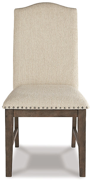 Homey. Hearty. Heavenly hued. Luring with a distressed weathered gray finish with classic camelback flair, the Johnelle dining room upholstered chair is sure to make your homestead feel that much more like home. Fresh and neutral linen-weave upholstery is punctuated with contrasting nailhead trim for added character. Included plastic leveler feet allow you to adjust leg height to fix unsteady or uneven legs and eliminate wobble.Made of solid wood | Distressed weathered gray finish | Polyester upholstery over foam cushioned seat | Contrasting nailhead trim | Assembly required | Estimated Assembly Time: 30 Minutes