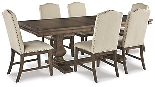 Alluring in a distressed weathered gray finish, the Johnelle 7-piece dining set makes your homestead feel that much more like home. A richly crafted masterpiece, this handsome extension table with thick drop-in leaf has a double pedestal base with square baluster legs and is sure to serve up years of satisfaction. Fresh and neutral linen-weave upholstery on the chairs is punctuated with contrasting nailhead trim for added character. Includes adjustable, high-quality levelers attached to the two front chair legs to ensure stability on uneven surfaces. Use them to eliminate wobble and give your family and guests a comfortable, stable and relaxing dining experience.Includes extension dining table and 6 dining side chairs | Table made of veneers, pine and acacia wood and engineered wood | Distressed weathered gray finish | Table includes extension leaf and extends by pulling both ends and dropping in leaf | Table seats up to 8 | Chairs made of solid wood | Polyester upholstery over foam cushioned seat | Includes high quality adjustable leveler feet attached to the two front legs of each chair | Contrasting nailhead trim | Assembly required | Estimated Assembly Time: 215 Minutes