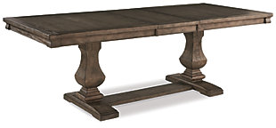 Alluring in a distressed weathered gray finish, the Johnelle 6-piece dining set makes your homestead feel that much more like home. A richly crafted masterpiece, this handsome extension table with thick drop-in leaf has a double pedestal base with square baluster legs and is sure to serve up years of satisfaction. The dining server includes lined drawers and adjustable shelving has the capacity to put your plates, silverware, linens and serving essentials well within reach. Fresh and neutral linen-weave upholstery on the chairs is punctuated with contrasting nailhead trim for added character.Includes extension dining table, dining server and 4 dining side chairs | Table made of veneers, pine and acacia wood and engineered wood | Server made of elm veneers, solid wood and engineered wood with dark gray pewter-tone hardware | Distressed weathered gray finish | Table includes extension leaf and extends by pulling both ends and dropping in leaf | Table seats up to 8 | Server with 2 felt-lined silverware drawers, 3 cabinet doors and 3 adjustable shelves | Chairs made of solid wood | Polyester upholstery over foam cushioned seat | Contrasting nailhead trim | Assembly required | Estimated Assembly Time: 170 Minutes