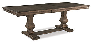 Homey. Hearty. Heavenly hued. Luring with a distressed weathered gray finish, double pedestal base with great presence and sumptuous upholstery for a touch of luxury, the Johnelle dining room extension table set is made to make your homestead feel that much more like home. A richly crafted masterpiece, the handsome extension table with thick drop-in leaf is sure to serve up years of satisfaction. Four upholstered chairs with classic camelback flair are an inspired accompaniment. Includes adjustable, high-quality levelers attached to the two front chair legs to ensure stability on uneven surfaces. Use them to eliminate wobble and give your family and guests a comfortable, stable and relaxing dining experience.Includes dining room extension table and 4 upholstered dining chairs | Table made of veneers, pine and acacia wood and engineered wood | Distressed weathered gray finish | Separate extension leaf | Table extends by pulling both ends and dropping in leaf | Chairs made of solid wood | Polyester upholstery over foam cushioned seat, with contrasting nailhead trim | Includes high quality adjustable leveler feet attached to the two front legs of each chair | Seats up to 8 | Assembly required | Estimated Assembly Time: 155 Minutes