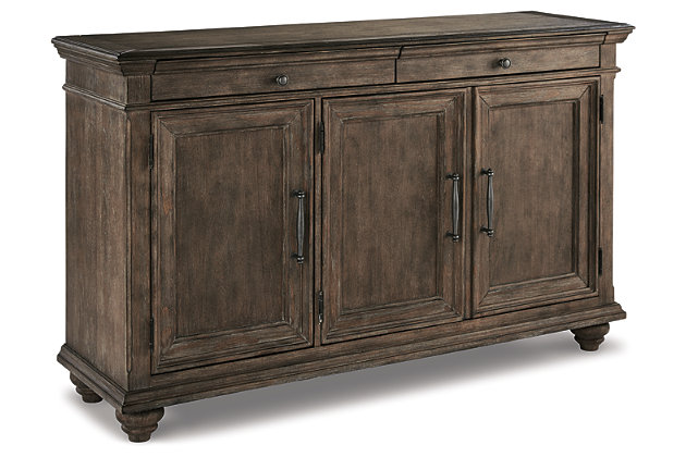 Homey. Hearty. Heavenly hued. Luring with a distressed weathered gray finish, the Johnelle dining room server is sure to make your homestead feel that much more like home. This richly crafted piece that includes lined drawers and adjustable shelving has the capacity to put your plates, silverware, linens and serving essentials well within reach. Feast your eyes on extraordinary form and function.Made of elm veneers, solid wood and engineered wood | Distressed weathered gray finish | 2 felt-lined silverware drawers | 3 cabinet doors | 3 adjustable shelves | Dark gray pewter-tone hardware | Assembly required | Estimated Assembly Time: 15 Minutes