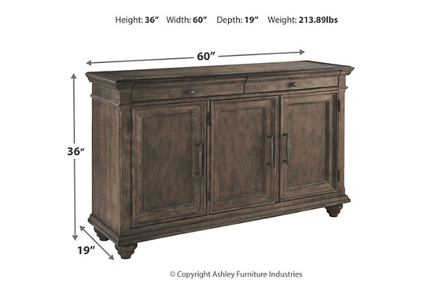 Homey. Hearty. Heavenly hued. Luring with a distressed weathered gray finish, the Johnelle dining room server is sure to make your homestead feel that much more like home. This richly crafted piece that includes lined drawers and adjustable shelving has the capacity to put your plates, silverware, linens and serving essentials well within reach. Feast your eyes on extraordinary form and function.Made of elm veneers, solid wood and engineered wood | Distressed weathered gray finish | 2 felt-lined silverware drawers | 3 cabinet doors | 3 adjustable shelves | Dark gray pewter-tone hardware | Assembly required | Estimated Assembly Time: 15 Minutes