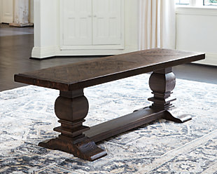 With its sturdy silhouette and lively, dark brown distressed finish, the Hillcott dining room bench gives modern farmhouse styling a rich, substantial sensibility. Dramatically turned legs and stretcher enhance the hearty, homey aesthetic.Made of pine veneers, solid wood and engineered wood | Dark brown distressed finish | Assembly required | Estimated Assembly Time: 15 Minutes