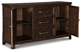 With its lively, dark brown distressed finish, the Hillcott dining room server gives modern farmhouse styling a rich, substantial sensibility. Its sturdy silhouette is beautified with crossbuck detailing and a framed herringbone inlay top that’s truly outstanding. Thick utilitarian bar pulls are paired with round knobs for an interesting mix. Dual cabinets and a trio of smooth-gliding drawers offer a proper place for everything from plates and bowls to utensils and linens.Made of veneers, wood and engineered wood | Dark brown distressed finish | 3 smooth-gliding drawers with dovetail construction | 2 cabinets, each with adjustable shelf | Aged steel-color hardware | Assembly required