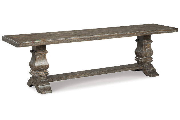 Inspired by heavy and hearty lodge-style furnishings from days gone by, the Wyndahl dining room bench brings the past brilliantly into the present. Enticing with a distressed aged pine color finish with light wire-brushed texture, this richly styled dining bench is reserved for those who appreciate furniture with great presence.Made of pine wood, veneers and engineered wood | Distressed finish | Comfortably seats 3 | Assembly required | Estimated Assembly Time: 30 Minutes