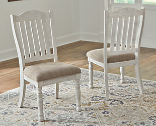 Have your fill of modern farmhouse style with the Havalance upholstered dining chair. Distressed vintage white finish is utterly charming. Bent slat back design and cushioned upholstered seat with woven oatmeal-tone fabric cater with beauty and comfort.Made of wood and engineered wood | Distressed vintage white finish | Foam cushioned seat with polyester oatmeal-color fabric | Assembly required | Estimated Assembly Time: 30 Minutes