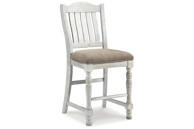 Have your fill of modern farmhouse style with the Havalance upholstered bar stool. Distressed vintage white finish is utterly charming. Bent slat back design and cushioned upholstered seat with woven oatmeal-tone fabric cater with beauty and comfort.Made of wood and engineered wood | Distressed vintage white finish | Foam cushioned seat with polyester oatmeal-color fabric | Assembly required | Estimated Assembly Time: 30 Minutes