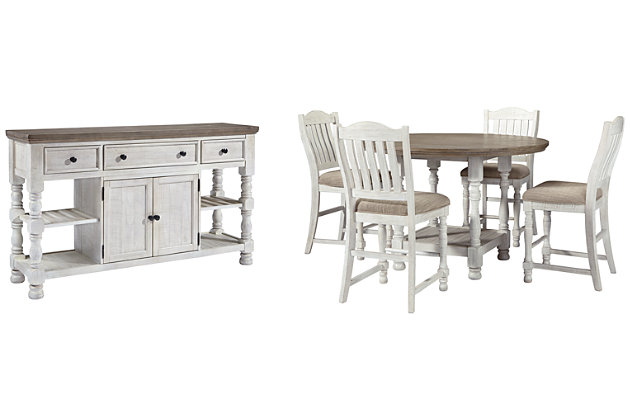 Have your fill of modern farmhouse style with the Havalance 6-piece counter-height dining set. Distressed, vintage-style finishes blend weathered neutrals for an utterly charming effect. The counter-height table boasts robust legs with stretcher for a hearty, substantial look while the bent slat back design and cushioned upholstered seat of the bar stools cater to your aesthetic. Sturdy posts and thick mouldings lend substance to the drawer and cabinet storage and reversible wine rack/shelves offered by the dining server.Includes counter-height dining table, dining server and 4 counter-height bar stools | Table and server made of pine wood, pine veneer and engineered wood with two-tone distressed finish: weathered gray top; vintage white base | Table seats 4 | Server with 2 reversible wine rack/shelves, 3 smooth-gliding drawers (with felt lining) and double-door cabinet with single-shelf storage | Server with aged iron-tone hardware | Stools made of wood and engineered wood with foam cushioned seat upholstered in polyester oatmeal-color fabric | Distressed vintage white finish | Assembly required | Estimated Assembly Time: 210 Minutes