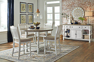 Have your fill of modern farmhouse style with the Havalance 6-piece counter-height dining set. Distressed, vintage-style finishes blend weathered neutrals for an utterly charming effect. The counter-height table boasts robust legs with stretcher for a hearty, substantial look while the bent slat back design and cushioned upholstered seat of the bar stools cater to your aesthetic. Sturdy posts and thick mouldings lend substance to the drawer and cabinet storage and reversible wine rack/shelves offered by the dining server.Includes counter-height dining table, dining server and 4 counter-height bar stools | Table and server made of pine wood, pine veneer and engineered wood with two-tone distressed finish: weathered gray top; vintage white base | Table seats 4 | Server with 2 reversible wine rack/shelves, 3 smooth-gliding drawers (with felt lining) and double-door cabinet with single-shelf storage | Server with aged iron-tone hardware | Stools made of wood and engineered wood with foam cushioned seat upholstered in polyester oatmeal-color fabric | Distressed vintage white finish | Assembly required | Estimated Assembly Time: 210 Minutes
