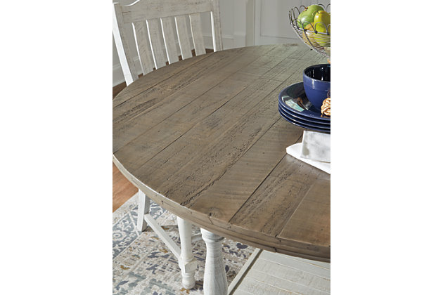 Have your fill of modern farmhouse style with the Havalance round counter height table. Distressed two-tone treatment blends a weathered gray with vintage white for an utterly charming effect. Robust legs with stretcher lend a hearty, substantial look that feels right at home.Made of pine wood, pine veneer and engineered wood | Two-tone distressed finish: weathered gray top; vintage white base | Counter height design | Seats 4 | Assembly required | Bar stools sold separately | Estimated Assembly Time: 30 Minutes